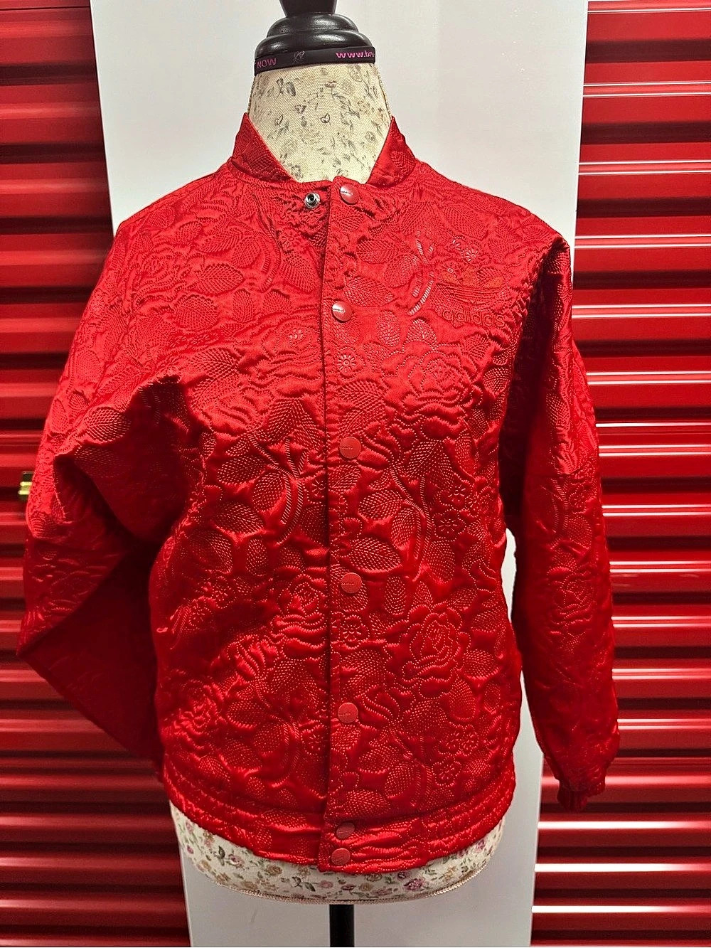 adidas Floral Jacquard Bomber Jacket Floral Quilted Red Medium